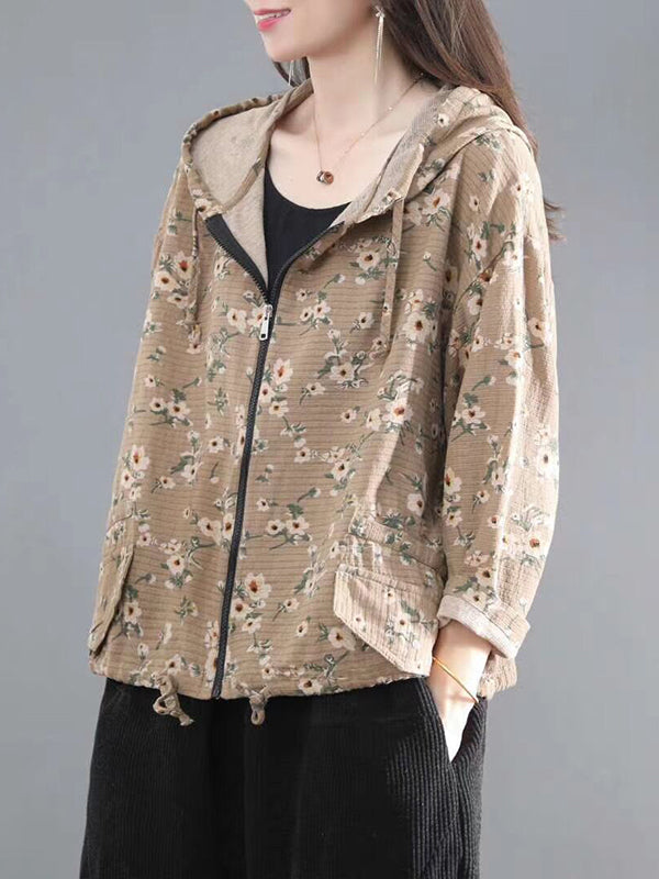 Women Hooded Printed Zip Drawstring Coat