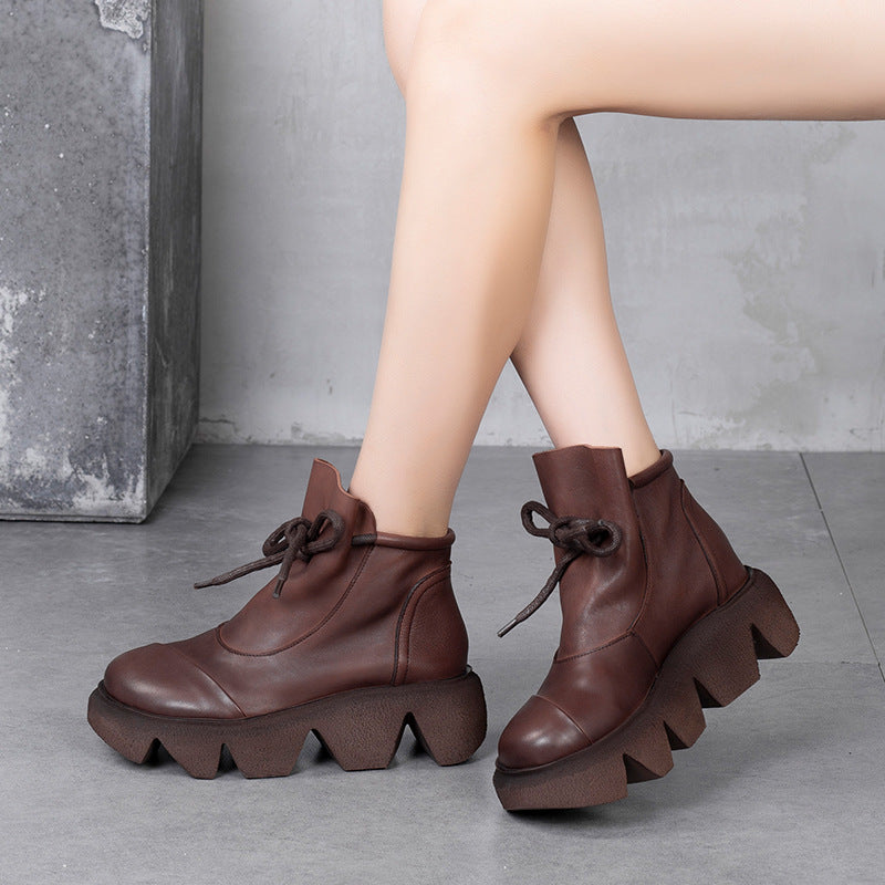 Women's Retro Casual Thick Bottom Round Toe Solid Color Lace-Up Boots