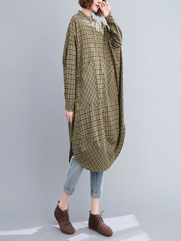 Loose Stand Collar Plaid Midi Dress