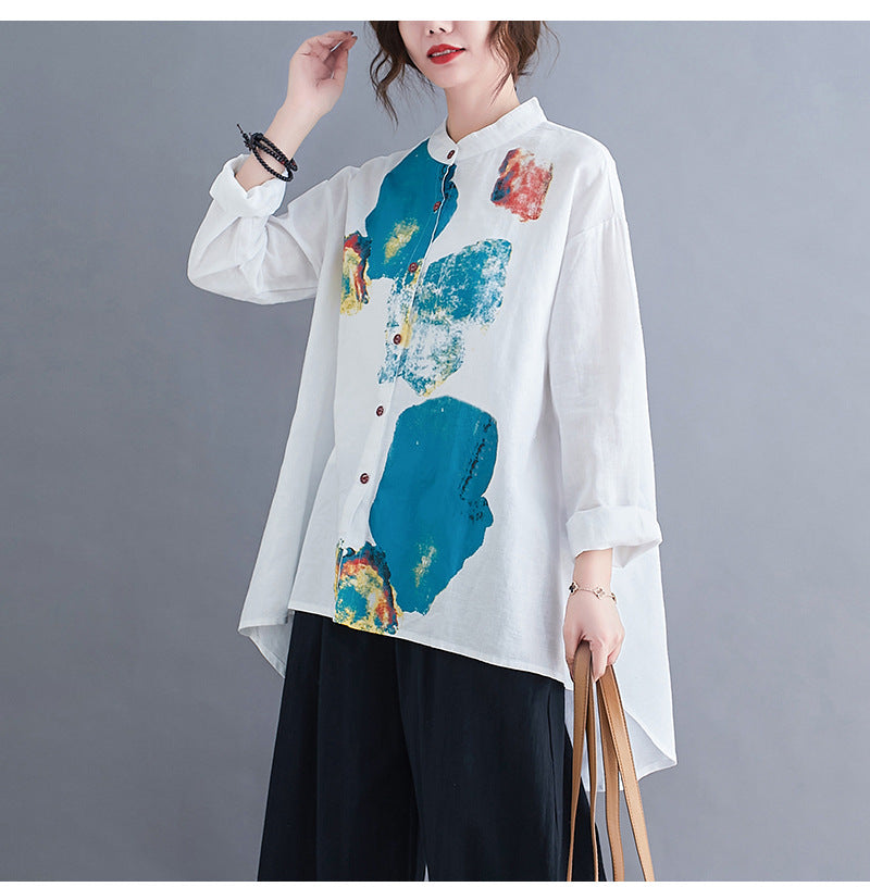 Printed Long Sleeves Loose Stand Collae Blouse