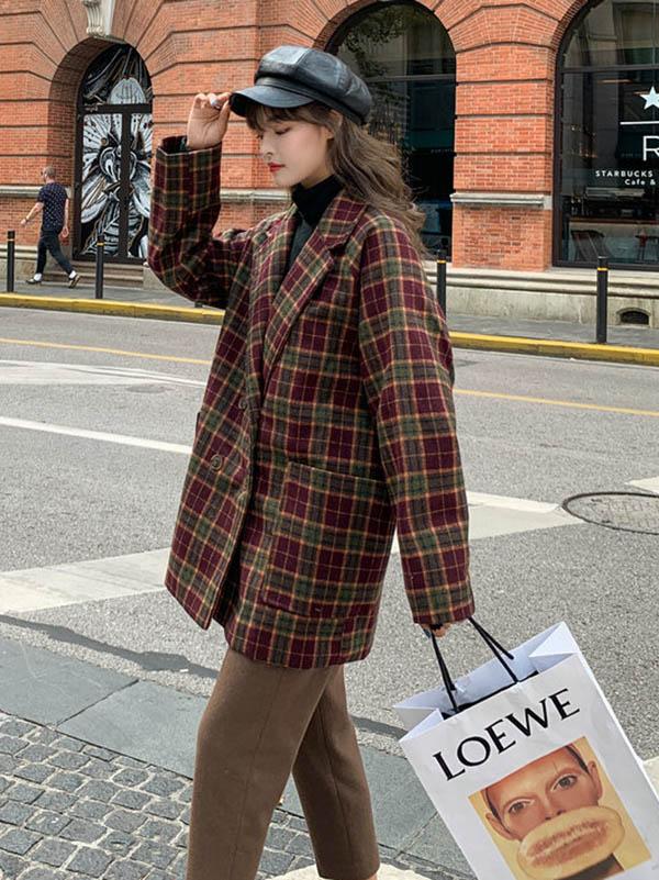 Plaid Suit Collar Short Casual Woolen Coat