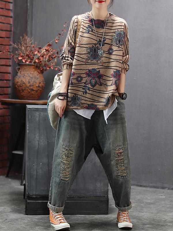 Loose Ethnic Style Print Round Neck Sweater