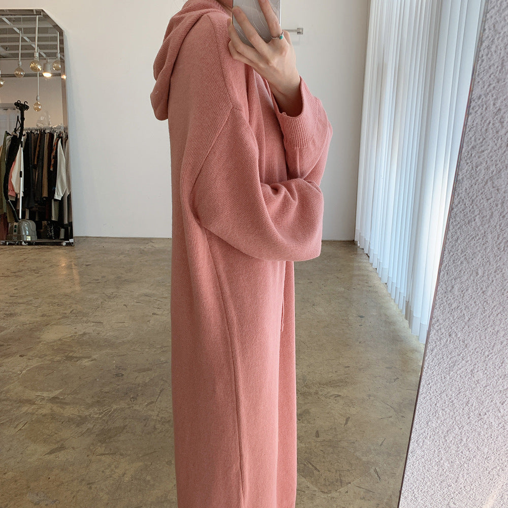 Loose Solid Knitted Split Hooded Midi Dress