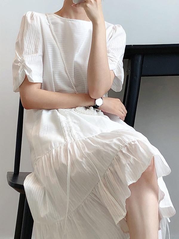 White Drawstring Pleated Puff Sleeve Dress