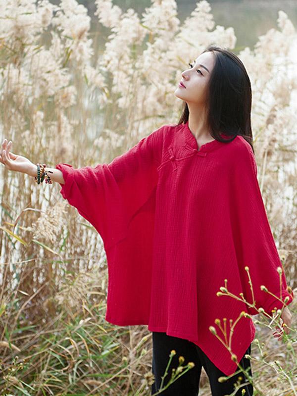 Vintage Solid Color Loose Button Bat Sleeve T-Shirt