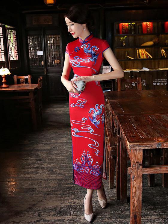 Red Split-side Printed Long Cheongsam