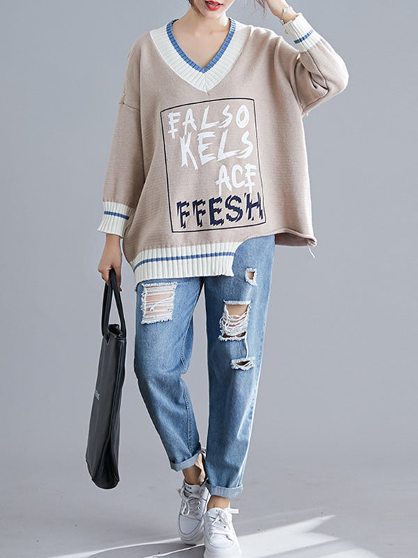 Women Irregular V-Neck Casual Knitted Sweater