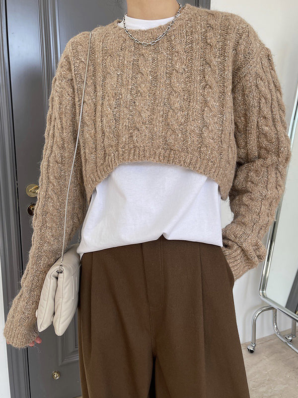 High Waist Short Round Neck Cable Sweater