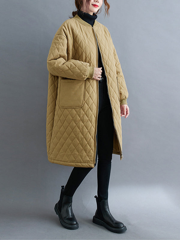 Women Loose Check Pocket Casual Coat