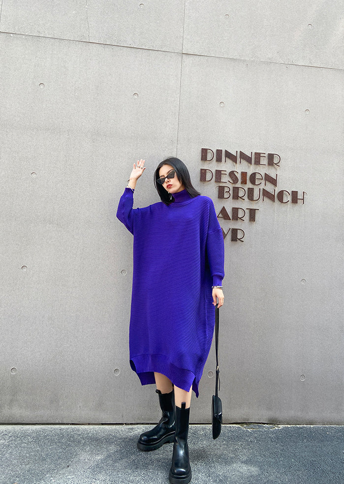 Long Sleeve Loose Sweater Dress With Irregular Splits