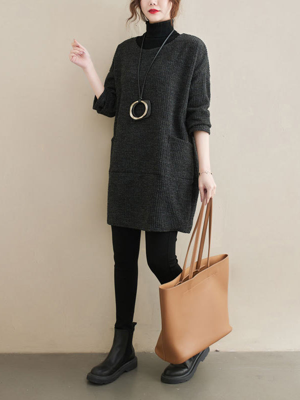 Round Neck Solid Color Stitching Knitted Cotton  Midi Dress