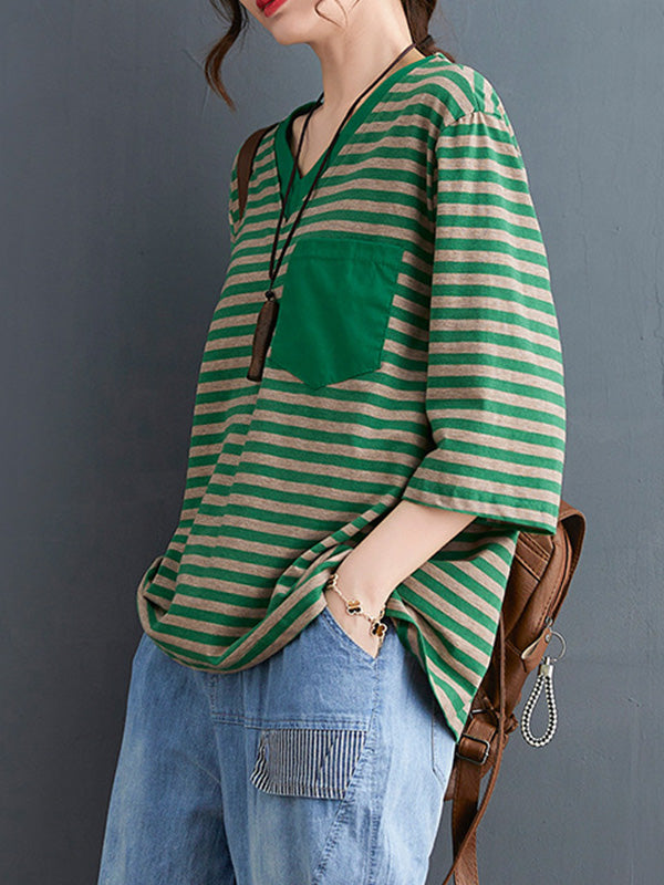 Loose V-Neck Striped Casual T-Shirt