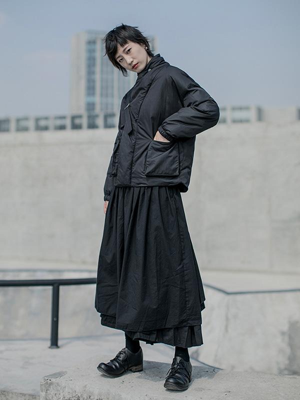 Black Stand Collar Zipper Thickening Coat