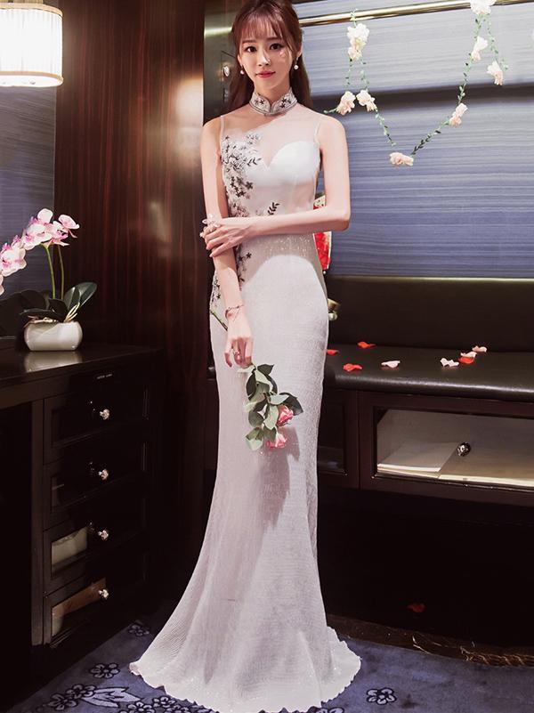 White Sequined Long Cheongsam Evening Dress