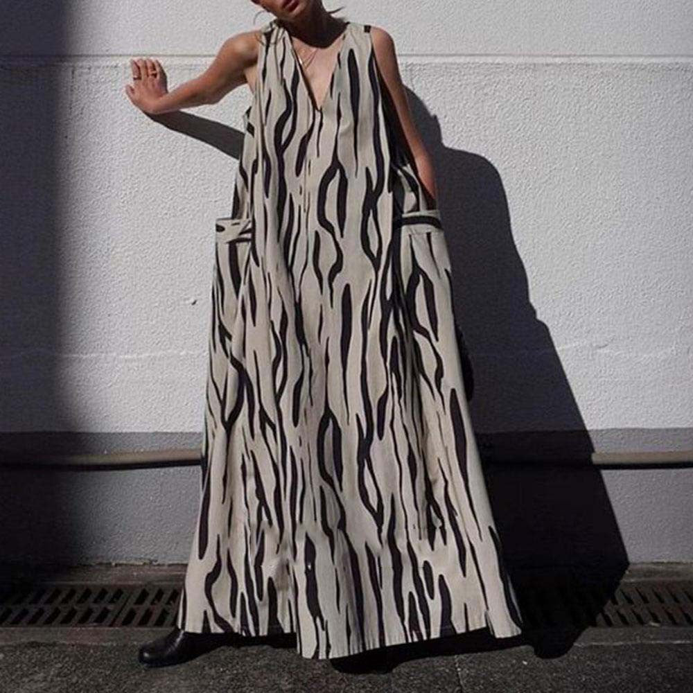Irregular Print V-neck Sleeveless Dress