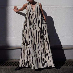 Irregular Print V-neck Sleeveless Dress