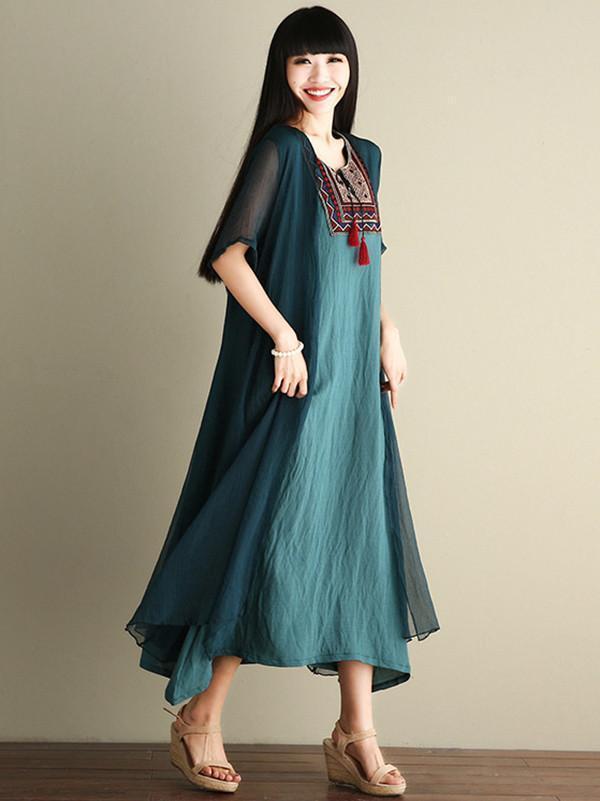 Gray&Blue Embroidered Ramie Cotton Dress