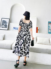 Women Puff Sleeve Waist Floral Dress