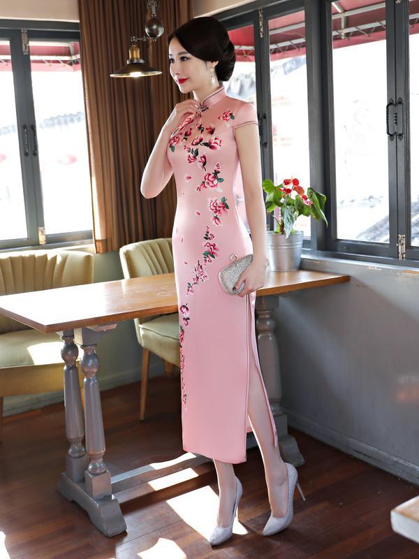 Pink Flower Print Stand-collar Long Cheongsam