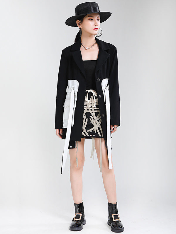 Black&White Split-Joint Lapel Belted Outwear