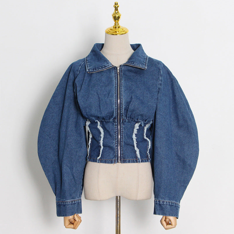 Urban Stand Collar Zipper High-Waist Denim Outerwear