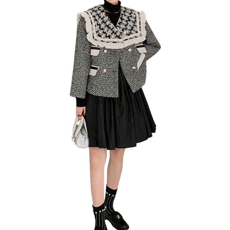 Retro Houndstooth Embroidered Lace Collar Outwear