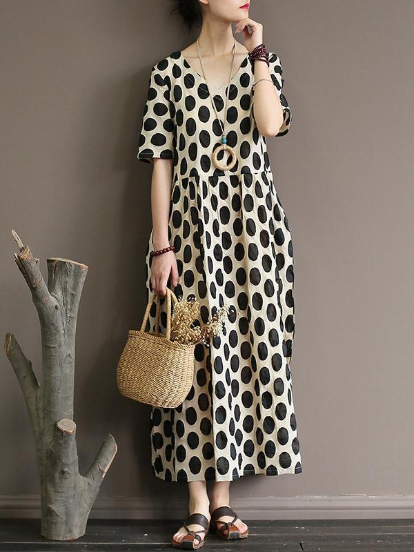 Loose Polka Dot Printed V-neck Long Dress