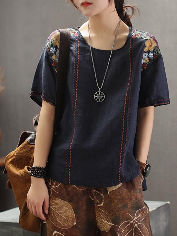 Vintage Embroidered Linen Round Collar T-Shirt