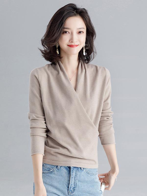 Cross V-Neck Solid Knitting Sweater