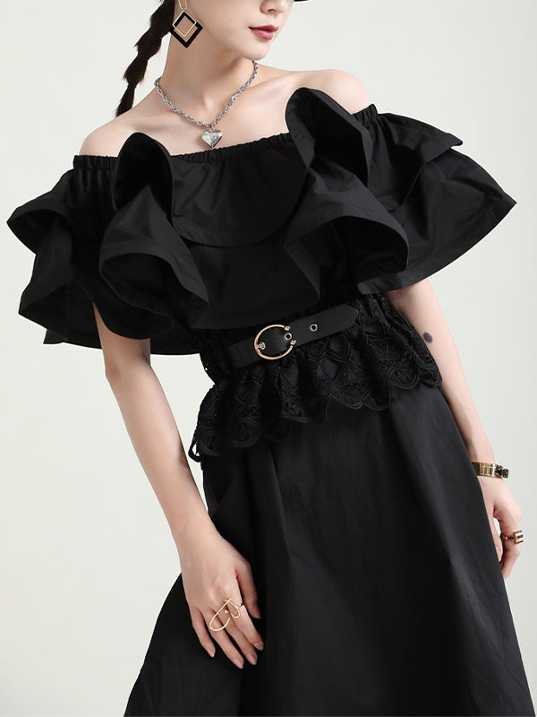 Double Layer Ruffled Off Shoulder Split Dress