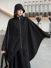 Casual Batwing Sleeves Roomy Drawstring Zipper Stand Collar Jackets&Coats