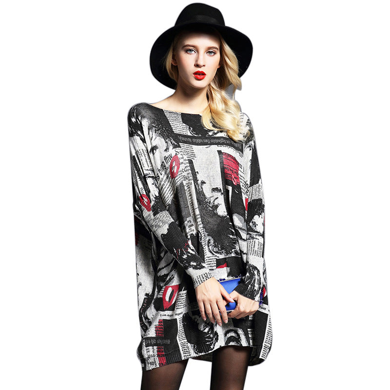 Loose Printed Knitted Midi Sweater