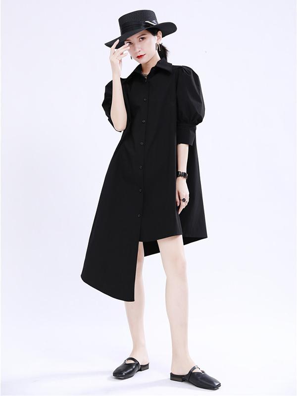 Simple Irregular Solid Pleated Midi Dress