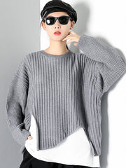 Women Stitching Round Neck Solid Color Irregular Sweater