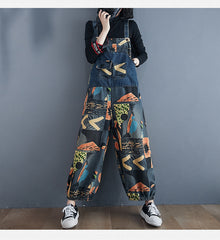 Women Printed Denim Back Wide Loose Casual Pants