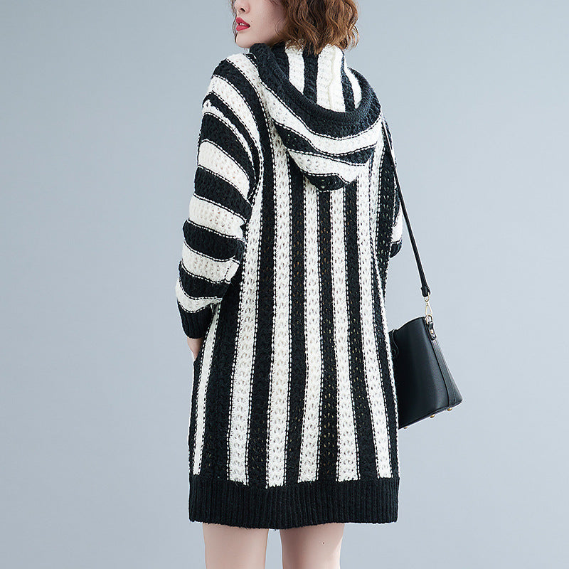 Loose Striped Hooded Knitted Mini Dress