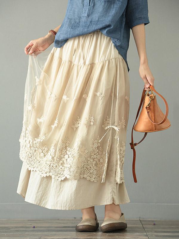 Loose Tiered Gauze Embroidered Lace Skirt