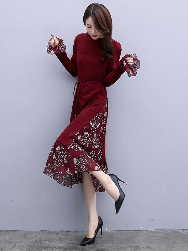 Floral Horn Sleeve Cropped Midi Dress