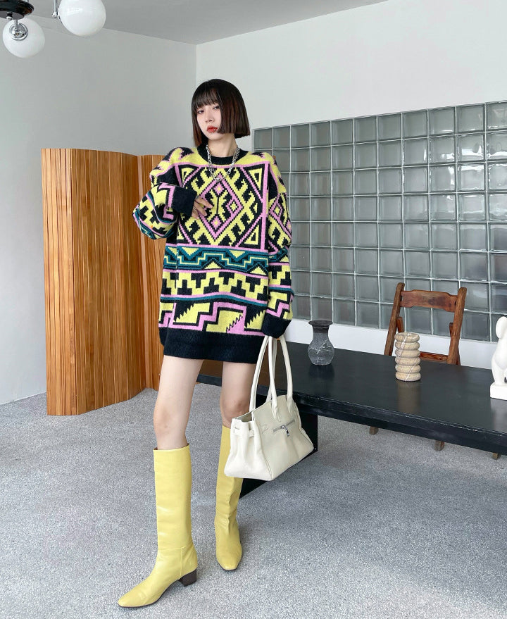 Ethnic Style Loose Geometric Jacquard Sweater