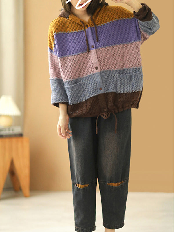 Retro Color Striped Hooded Sweater