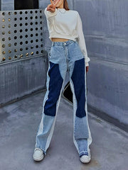 Women Distressed Color Matching High-Waist Casual Pants