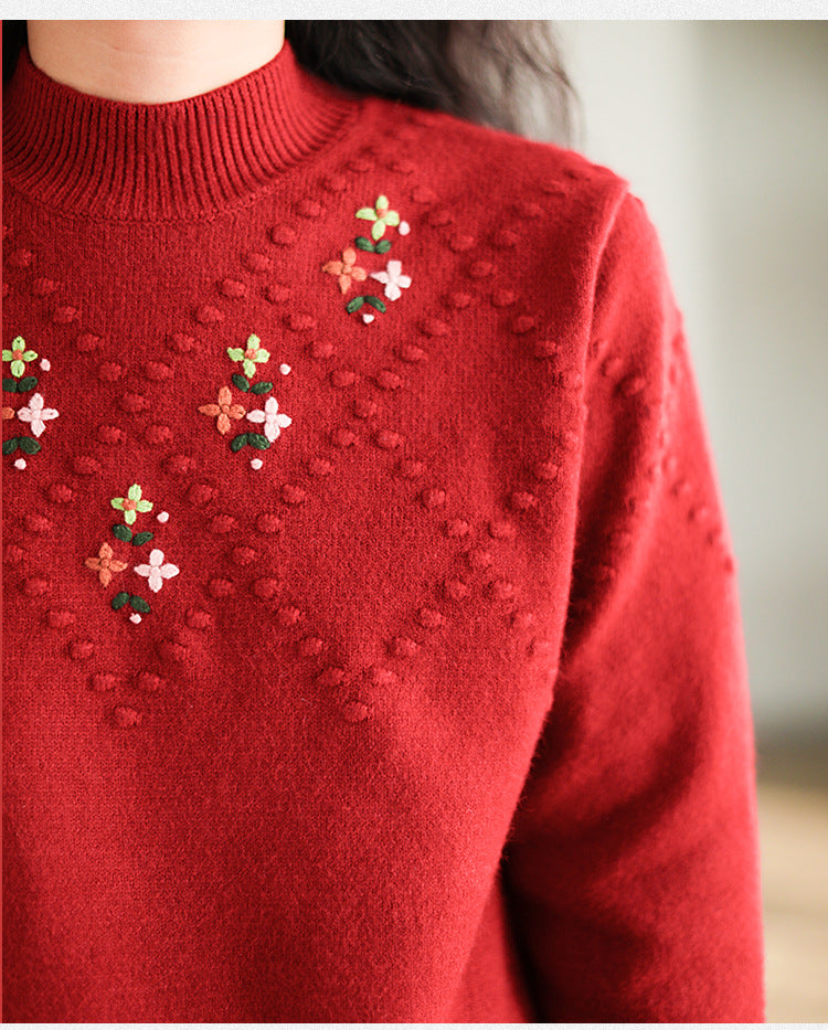 Vintage Half Turtleneck Embroidered Knit Sweater