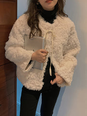 Casual Lace-Up Plush Short Coat