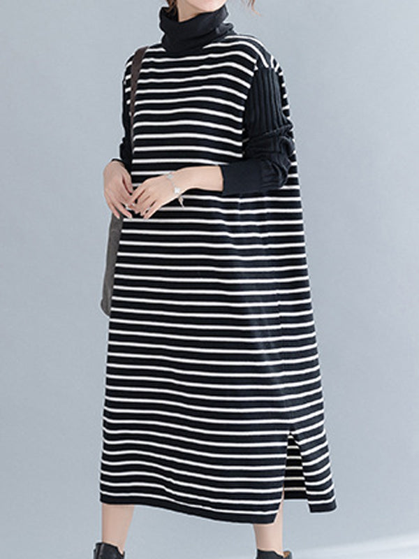 High-Neck Striped  Casual Midi Dress