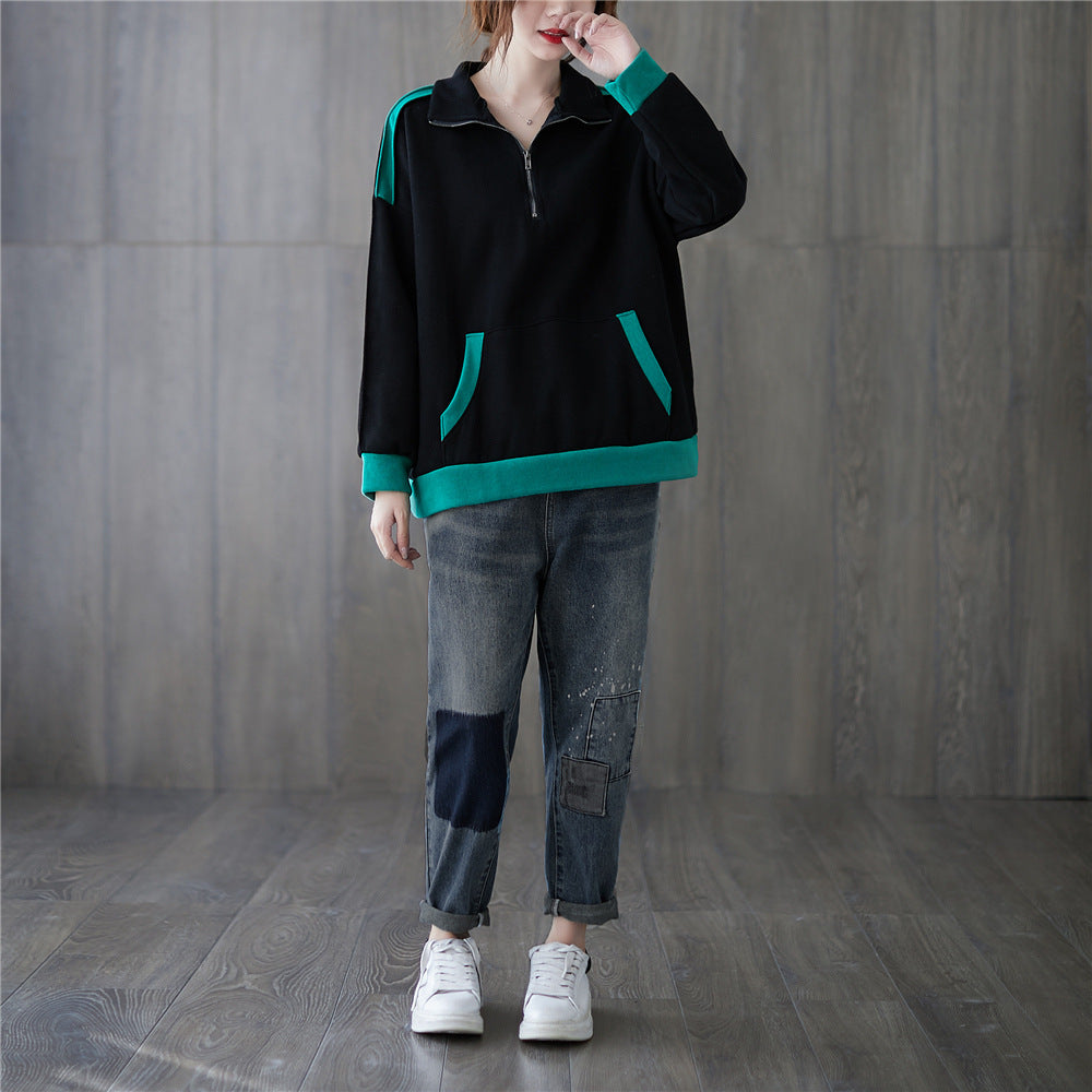 Women Casual Loose Contrast Stitching Sweatshirt