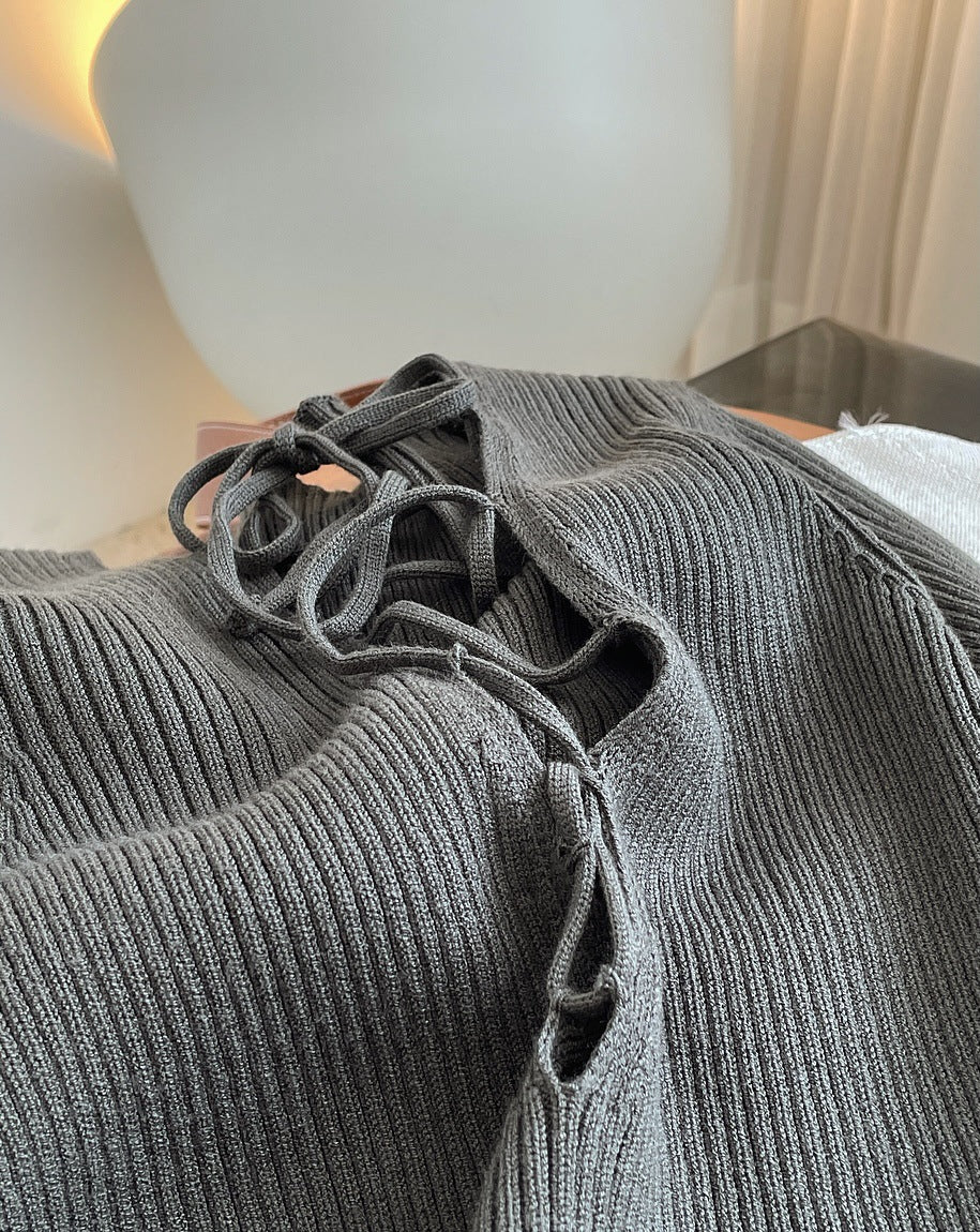 Cross Lacing V-Neck Knitted Long Sleeves T-Shirt