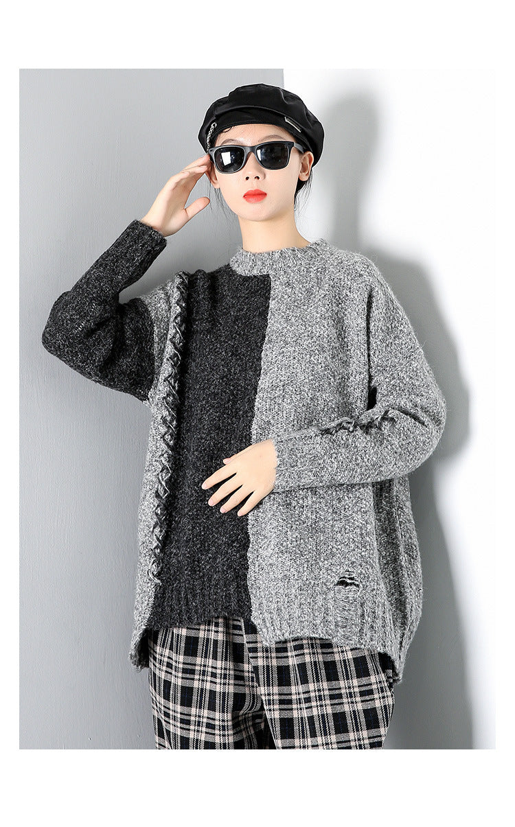 Women Round Neck Pullover Contrast Sweater