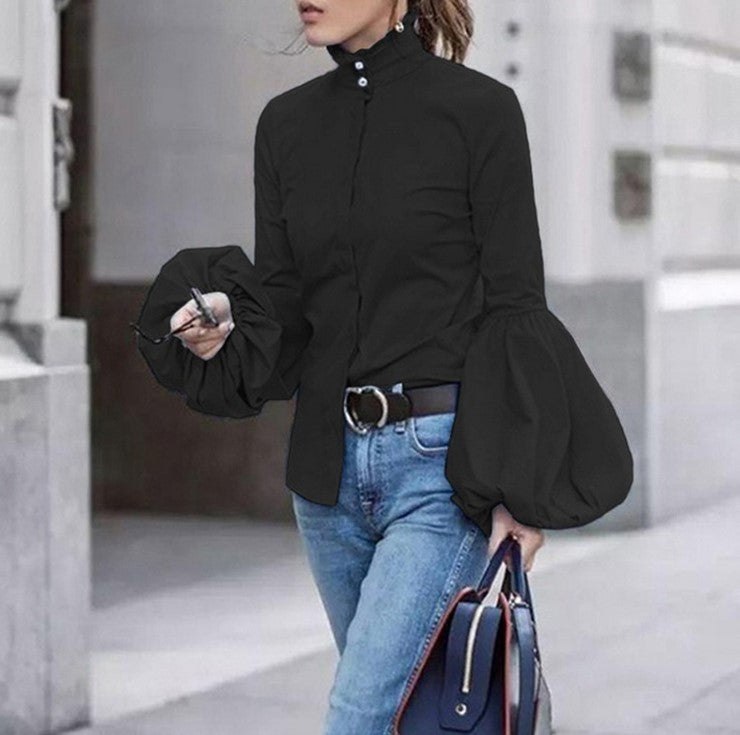 Solid Color Lantern Sleeve All-Match Blouse