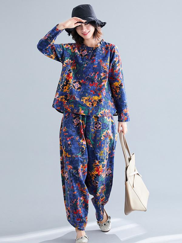 Loose Retro Floral Printed Blouses and Pants Suits