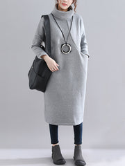Loose Solid Color Turtleneck Midi Dress
